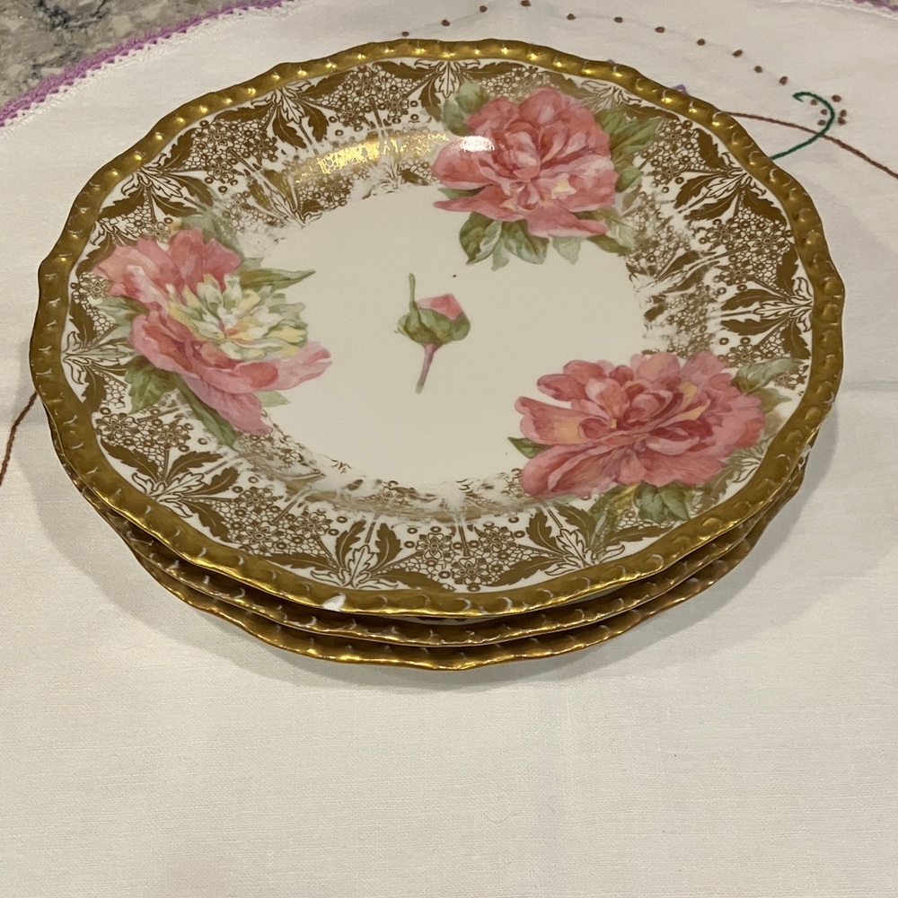 J Pouyat Limoges Pink Floral Plate with Gold Accents Three Plates